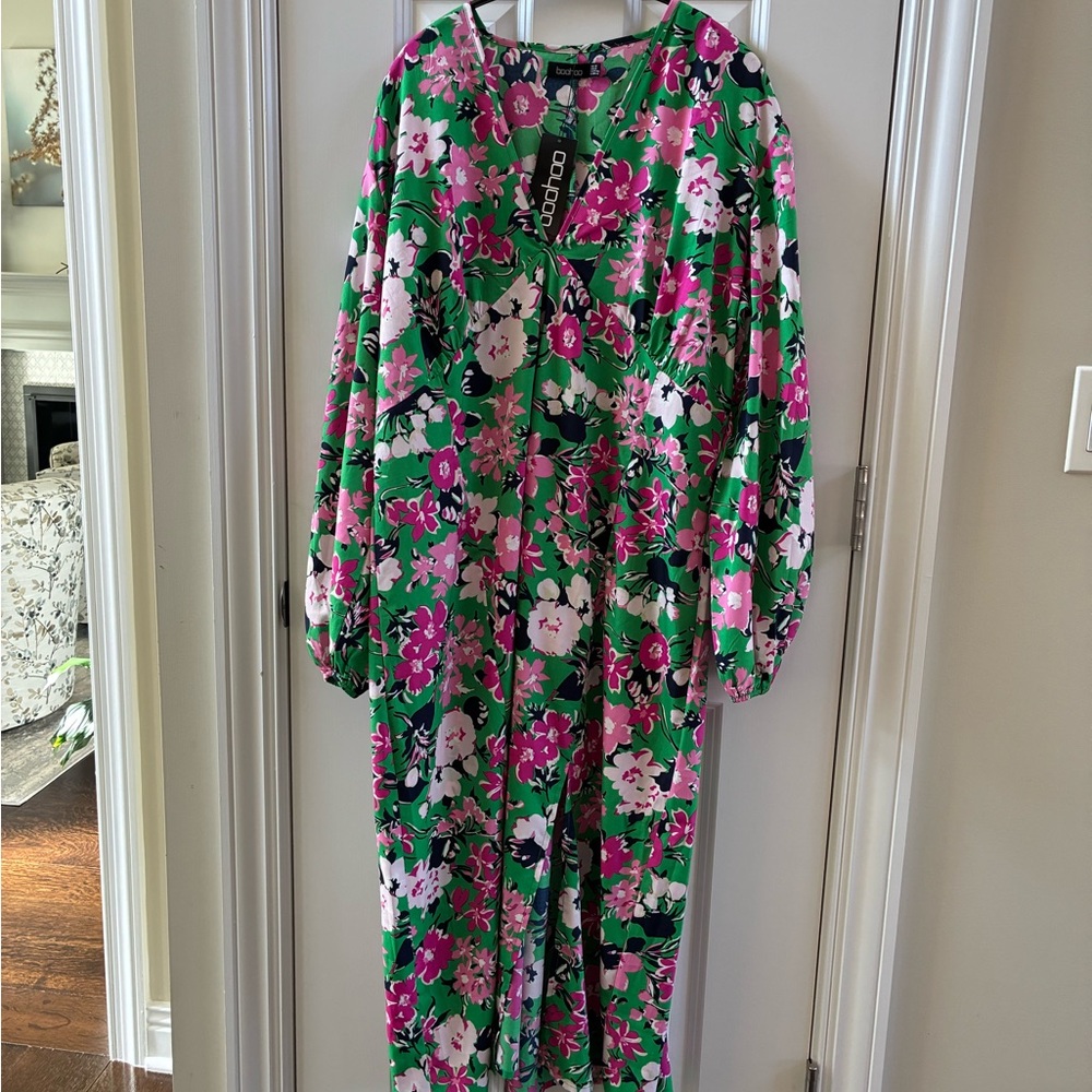 Boohoo Green and Pink Floral Dress